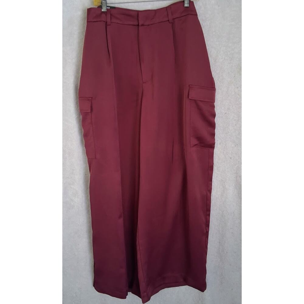 DKNY Womens Satin Cargo Pants Wide Leg High Rise Burgundy Wine Red NWT Size 16